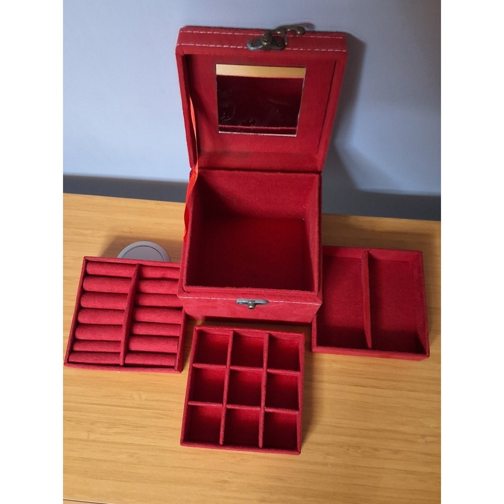 Red Velvet Jewlery Box Square With 3 Layers For Storage. Approx. 6"×6"
